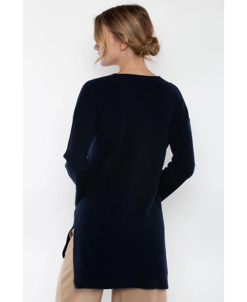 Jennie Liu Women's 100% Pure Cashmere Long Sleeve Ribbed Tunic Sweater