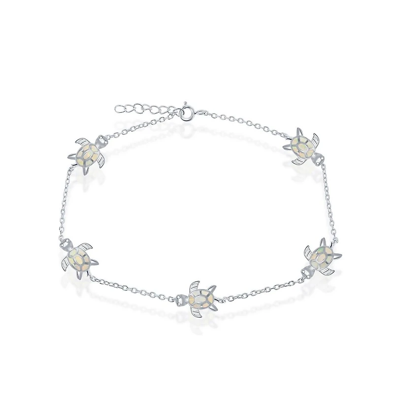 Caribbean Treasures Sterling Silver Synthetic Opal Turtle Anklet - White Opal