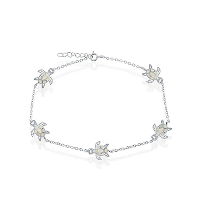 Caribbean Treasures Sterling Silver Synthetic Opal Turtle Anklet - White Opal