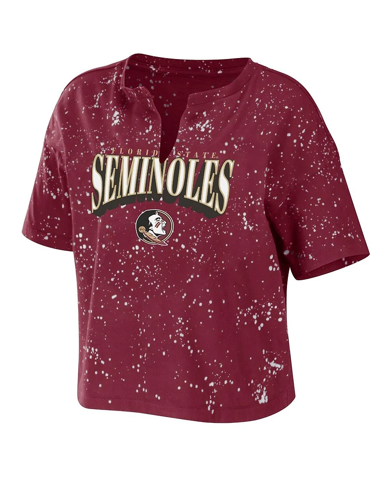 Women's Wear by Erin Andrews Garnet Florida State Seminoles Bleach Wash Splatter Cropped Notch Neck T-shirt