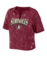 Women's Wear by Erin Andrews Garnet Florida State Seminoles Bleach Wash Splatter Cropped Notch Neck T-shirt