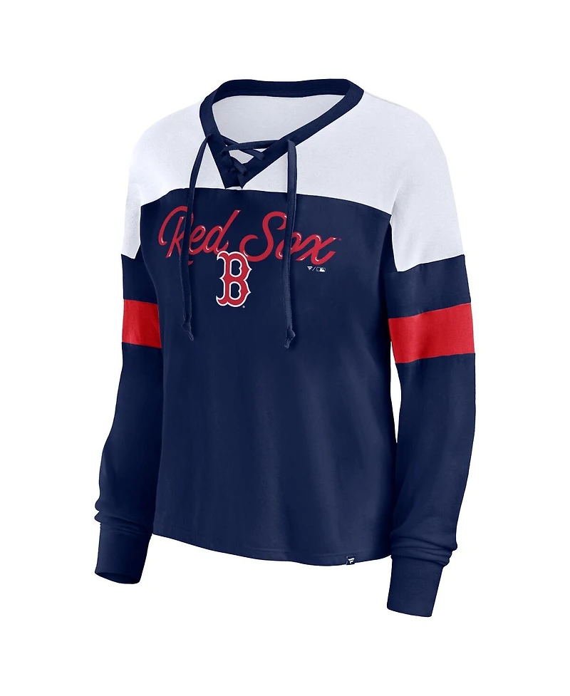 Women's Fanatics Navy, White Boston Red Sox Even Match Lace-Up Long Sleeve V-Neck T-shirt