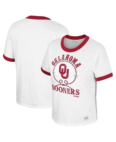Women's Colosseum x Wrangler White Distressed Oklahoma Sooners Freehand Ringer T-shirt