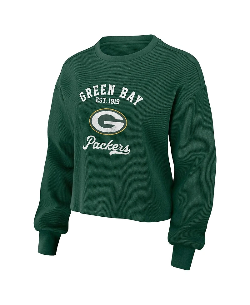 Women's Wear by Erin Andrews Green Distressed Green Green Bay Packers Waffle Knit Long Sleeve T-shirt and Shorts Lounge Set