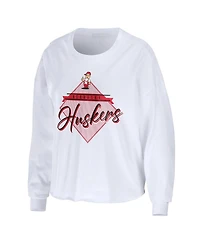 Women's Wear by Erin Andrews White Nebraska Huskers Diamond Long Sleeve Cropped T-shirt
