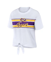 Women's Wear by Erin Andrews White Lsu Tigers Striped Front Knot Cropped T-shirt