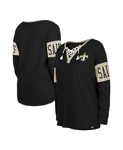 Women's New Era Black Orleans Saints Lace-Up Notch Neck Long Sleeve T-shirt