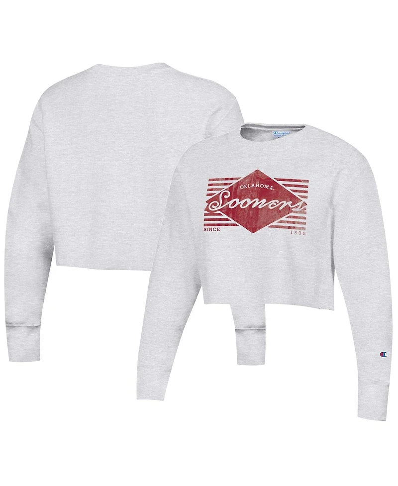Women's Champion Heather Gray Distressed Oklahoma Sooners Reverse Weave Cropped Pullover Sweatshirt