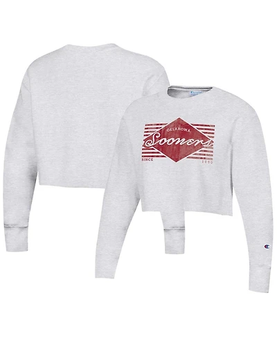 Women's Champion Heather Gray Distressed Oklahoma Sooners Reverse Weave Cropped Pullover Sweatshirt