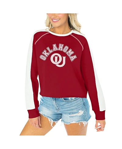 Women's Gameday Couture Crimson Oklahoma Sooners Blindside Raglan Cropped Pullover Sweatshirt