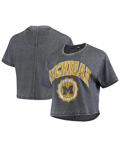 Women's Pressbox Navy Distressed Michigan Wolverines Edith Vintage-Like Burnout Crop T-shirt