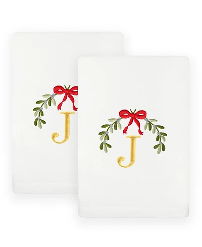 Linum Home Christmas Mistletoe Monogram White Embroidered Luxury Turkish Cotton Hand Towels, 2 Piece Set