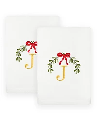 Linum Home Christmas Mistletoe Monogram White Embroidered Luxury Turkish Cotton Hand Towels, 2 Piece Set