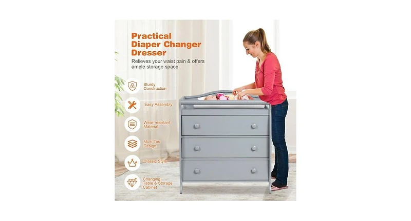3-Drawer Dresser Changing Table with Safety Belt Guardrails-Grey