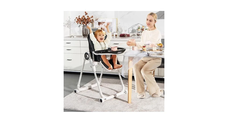 Slickblue Girls High Chair Foldable Feeding Chair with 4 Lockable Wheels