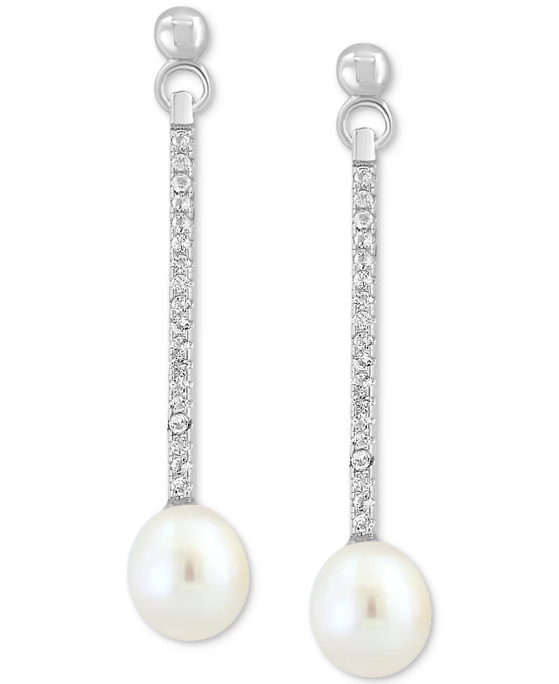 Effy Freshwater Pearl (7mm) & White Topaz (1/5 ct. t.w.) Linear Drop Earrings in Sterling Silver