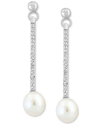 Effy Freshwater Pearl (7mm) & White Topaz (1/5 ct. t.w.) Linear Drop Earrings in Sterling Silver