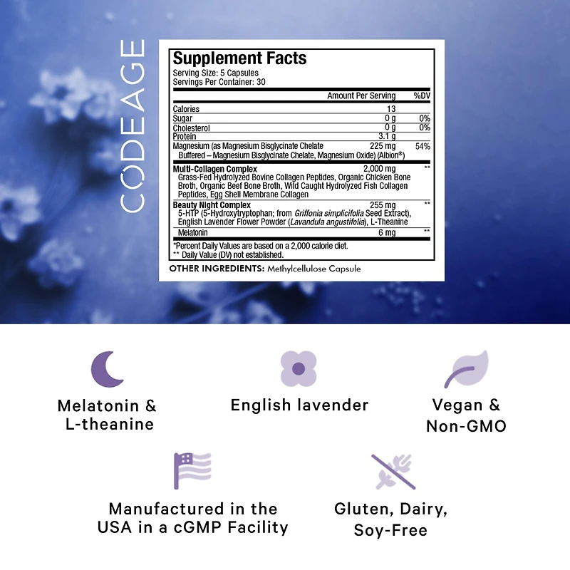 Multi Collagen Beauty Night Capsules - Magnesium, 5-htp, L-Theanine, Melatonin Supplement - 5 Types Collagen - Grass Fed Hydrolyzed Collagen Pills