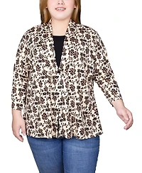 Ny Collection Plus Puff Print 3/4 Sleeve 2-Fer Top