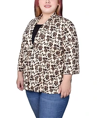 Ny Collection Plus Puff Print 3/4 Sleeve 2-Fer Top