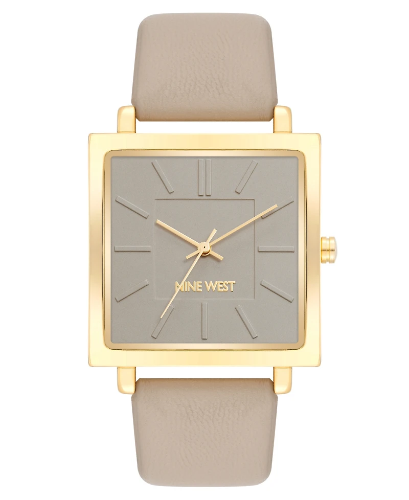 Nine West Women's Quartz Square Taupe Faux Leather Band Watch, 35mm