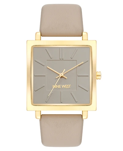Nine West Women's Quartz Square Taupe Faux Leather Band Watch, 35mm