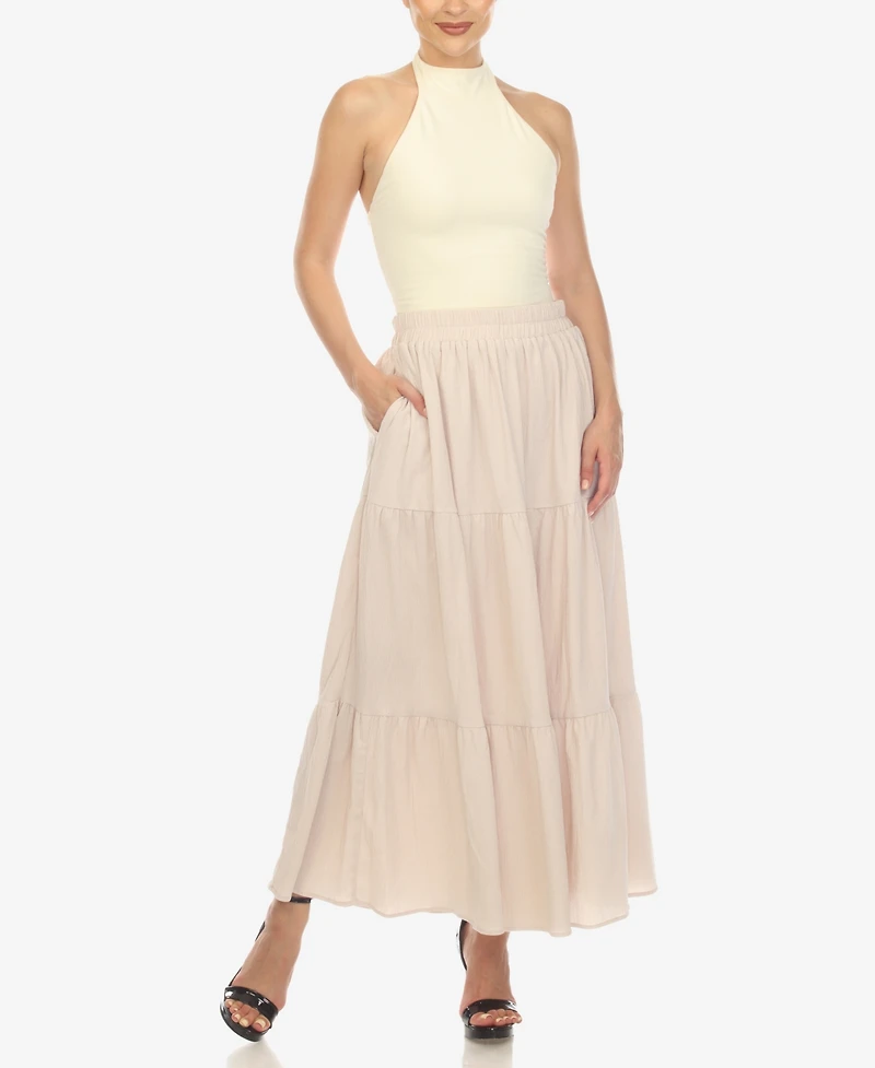 White Mark Women's Pleated Tiered Maxi Skirt