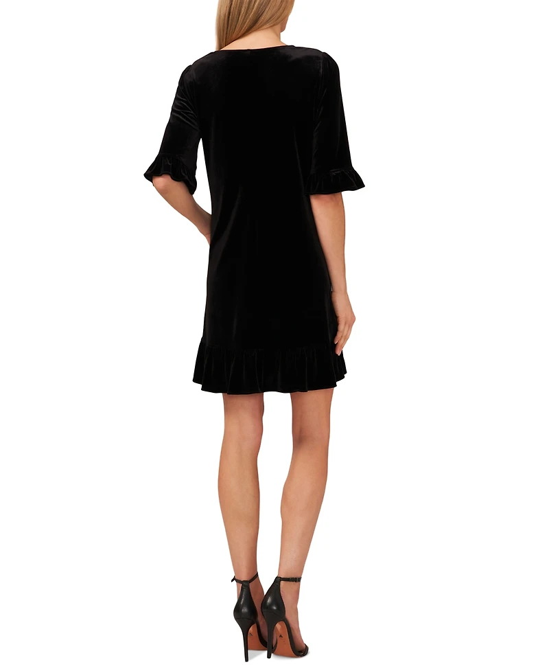 CeCe Women's Velvet 3/4-Sleeve Ruffle Trim Shift Dress