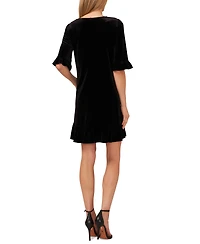 CeCe Women's Velvet 3/4-Sleeve Ruffle Trim Shift Dress