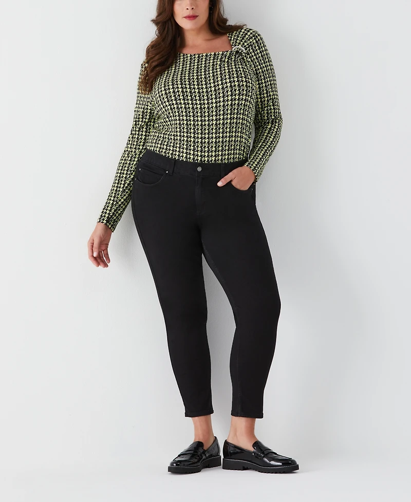 Ella Rafaella Plus Houndstooth Print Asymmetric Neck Long Sleeve Top