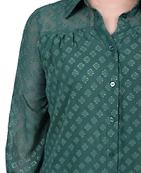 Ny Collection Women's 3/4 Sleeve Foiled Jacquard Chiffon Blouse