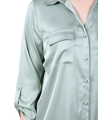 Ny Collection Women's 3/4 Sleeve Roll Tab Satin Blouse