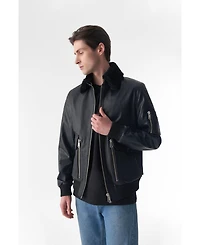 Furniq Uk Men's Detachable Shearling Collar Leather Jacket