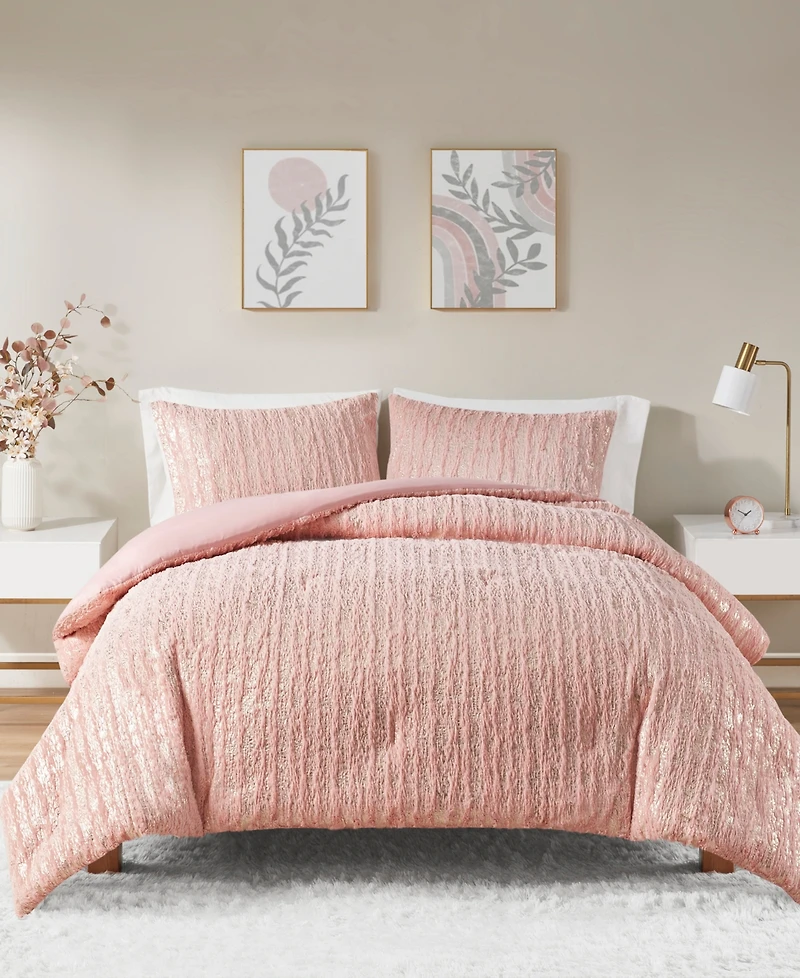 Intelligent Design Naomi Metallic Print Faux Fur 3 Piece Comforter Set, King/California King