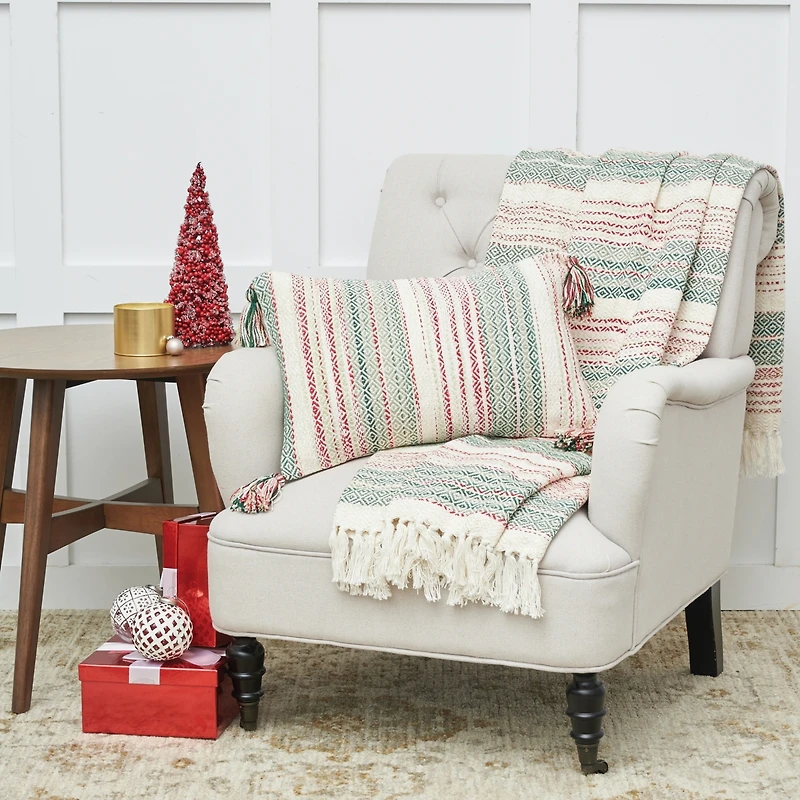 Cozy Nordic Christmas Red and Green 14" x 22" Throw Pillow