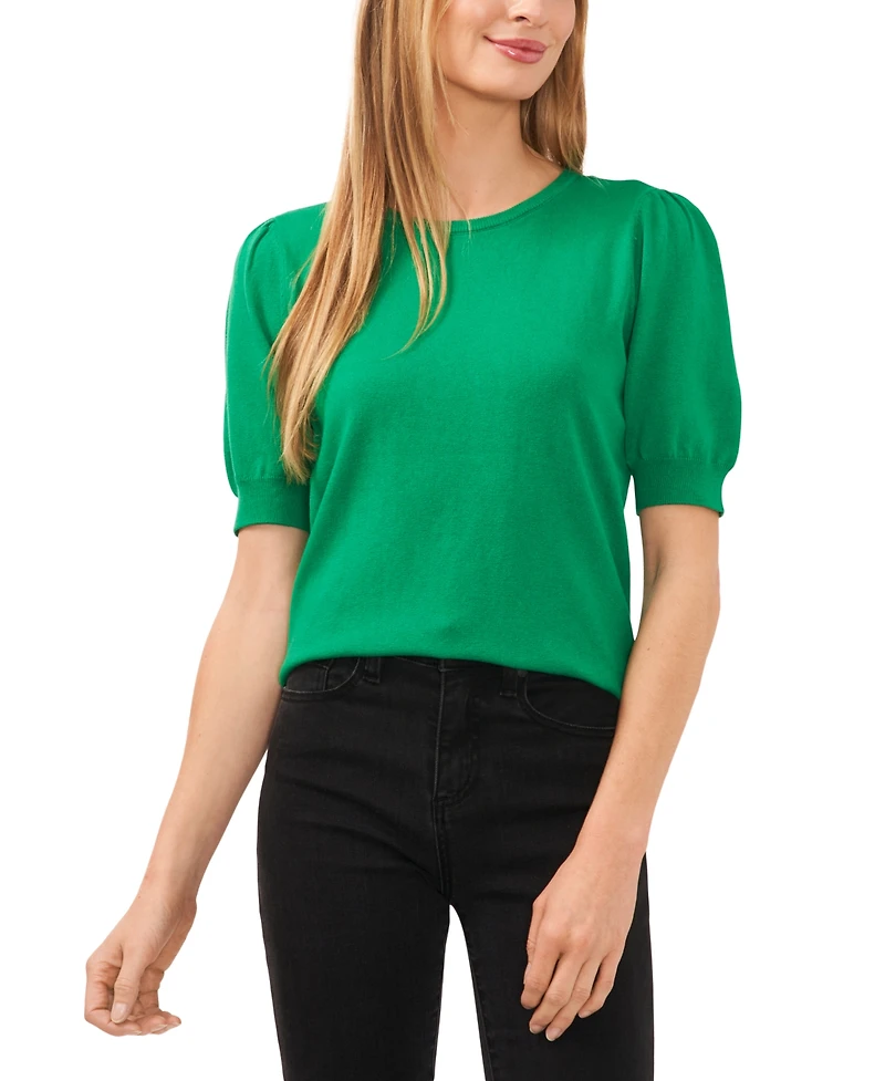 CeCe Women's Crewneck Puff Sleeve Cotton Sweater