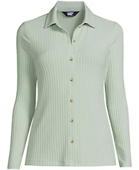 Lands' End Women's Plus Long Sleeve Wide Rib Button Front Polo Shirt