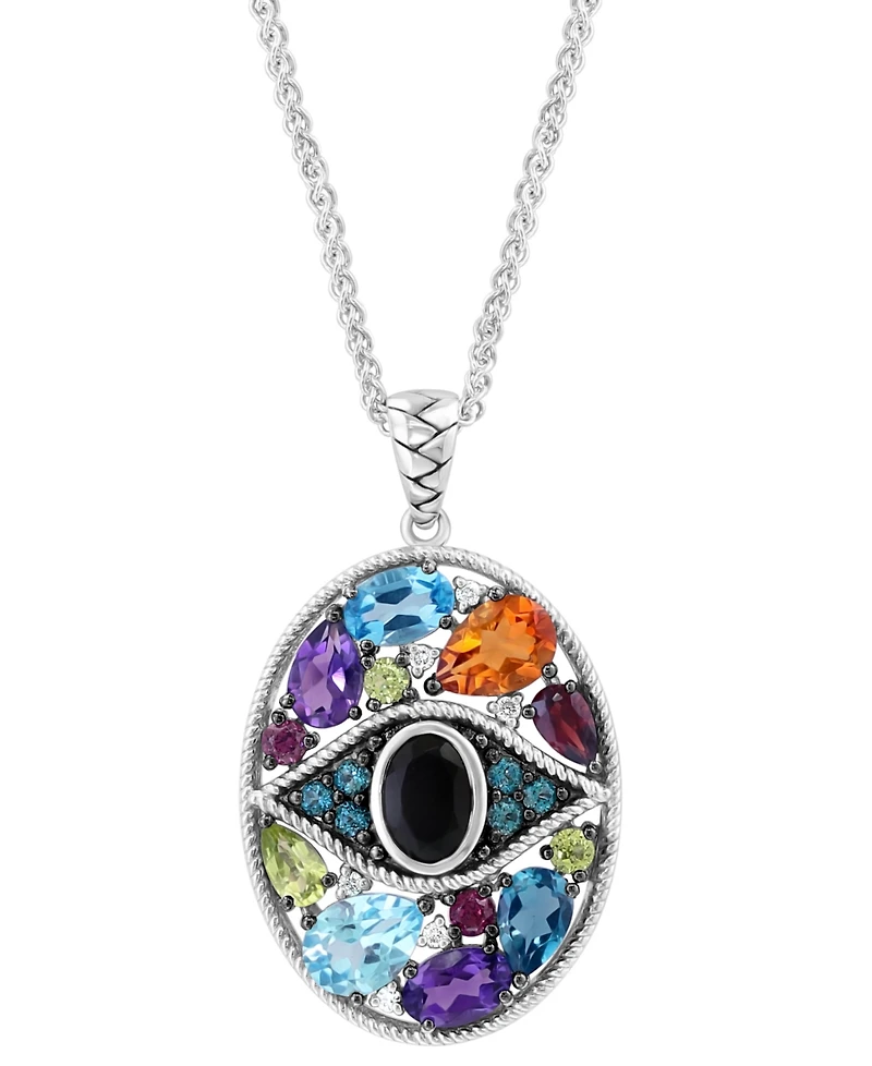 Effy Onyx, Multi-Gemstone (4-5/8 ct. t.w.) & Diamond (1/20 ct. t.w.) Evil Eye Cluster 18" Pendant Necklace in Sterling Silver
