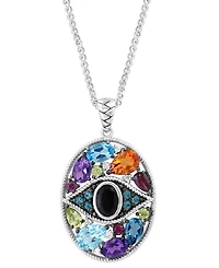 Effy Onyx, Multi-Gemstone (4-5/8 ct. t.w.) & Diamond (1/20 ct. t.w.) Evil Eye Cluster 18" Pendant Necklace in Sterling Silver