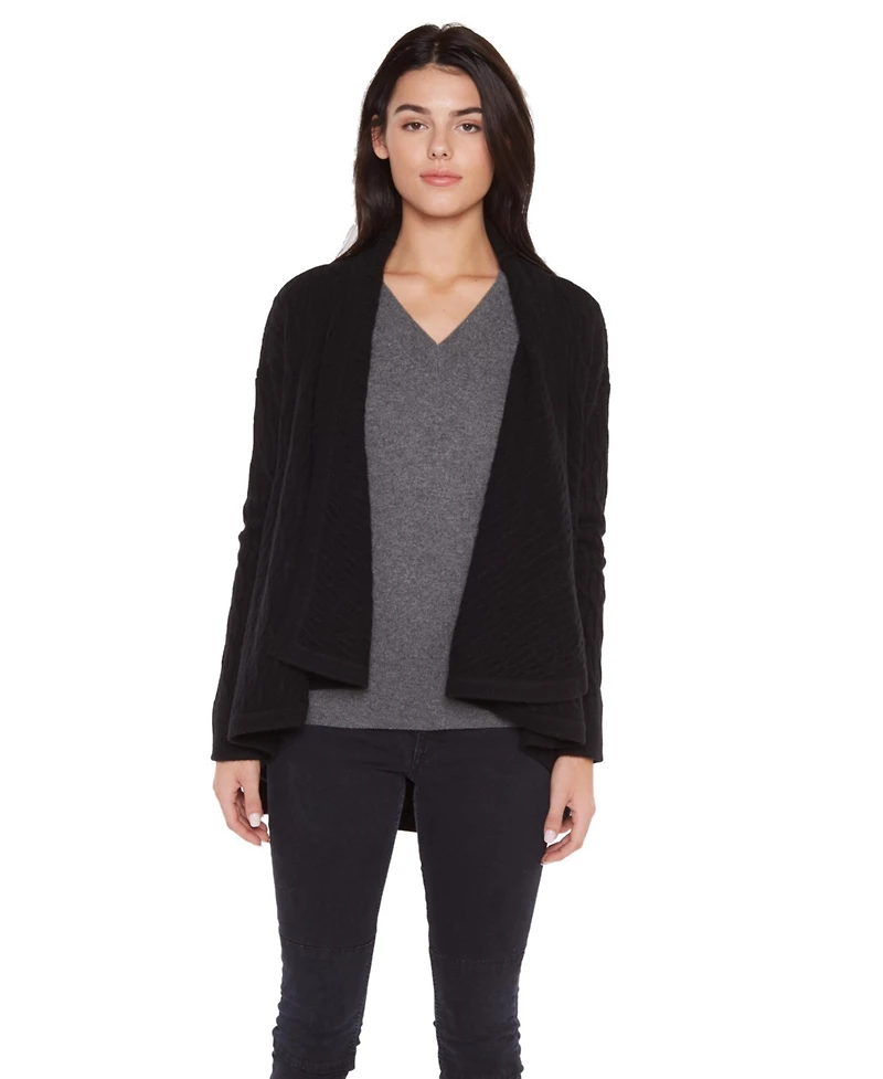Jennie Liu Women's 100% Pure Cashmere 4-ply Cable-knit Drape-front Open Cardigan Sweater