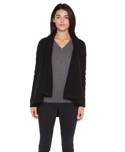 Jennie Liu Women's 100% Pure Cashmere 4-ply Cable-knit Drape-front Open Cardigan Sweater