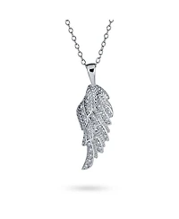 Bling Jewelry Religious Spiritual Cz Pave Accent Feather Guardian Angel Wing Pendant Necklace For Women Sterling Silver