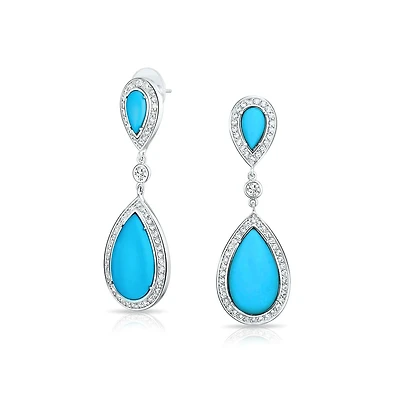 Bling Jewelry Aqua Blue Pear Shaped Cz Halo Statement Dangle Chandelier Teardrop Earrings Rhodium Plated Brass