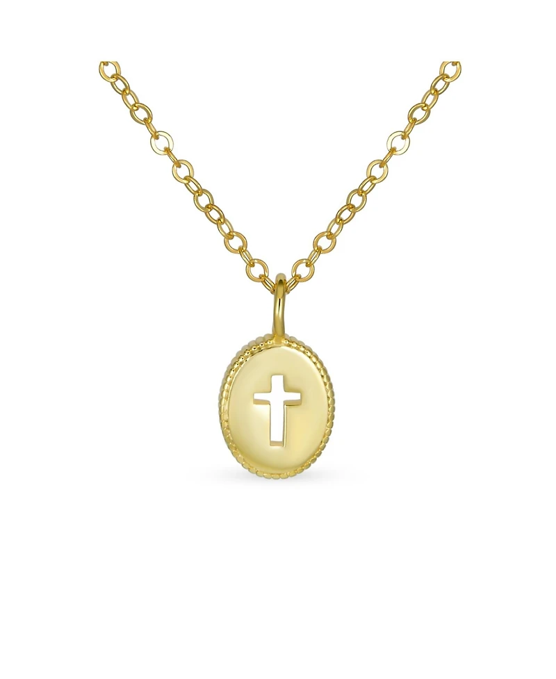 Bling Jewelry Tiny Petite Religious Mini Medallion Oval Cross Necklace Pendant Gold Plated Sterling Silver Milgrain Edge With Chain