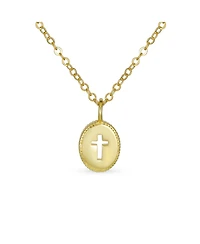 Bling Jewelry Tiny Petite Religious Mini Medallion Oval Cross Necklace Pendant Gold Plated Sterling Silver Milgrain Edge With Chain
