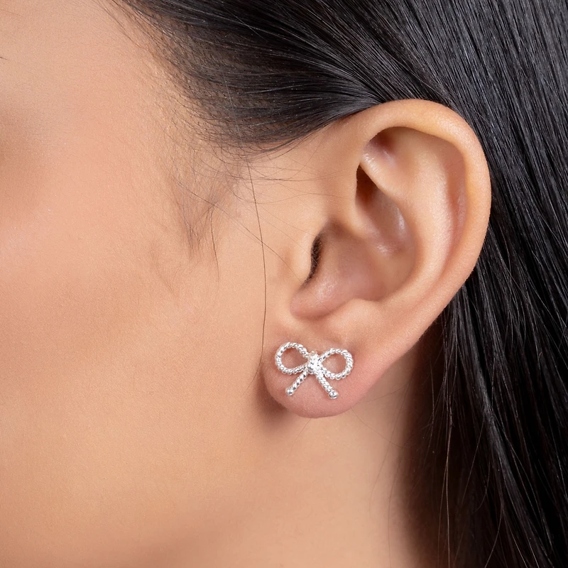 Bling Jewelry Simple Dainty Thin Twist Rope Cable Ribbon Bow Stud Earrings Rose Gold Plated .925 Sterling Silver