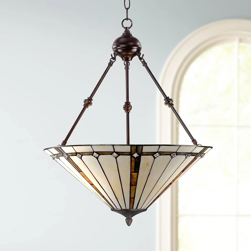 Robert Louis Tiffany Bronze Pendant Chandelier 20" Wide Tiffany Style Gold Texture Ivory Stained Glass Dining Room House Kitchen
