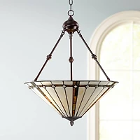 Robert Louis Tiffany Bronze Pendant Chandelier 20" Wide Tiffany Style Gold Texture Ivory Stained Glass Dining Room House Kitchen