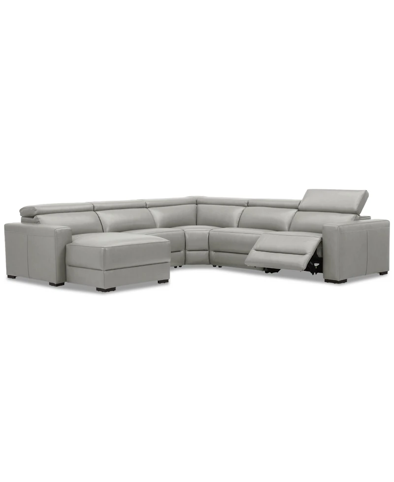 Nevio 124" 5-Pc. Leather Sectional with 1 Power Recliner, Headrests and Chaise, Created For Macy's