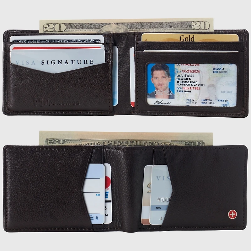 Alpine Swiss Mens Slimfold Wallet Rfid Safe Bifold Genuine Leather Id Window